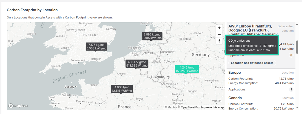 embodied emissions displayed per data center location in Txture