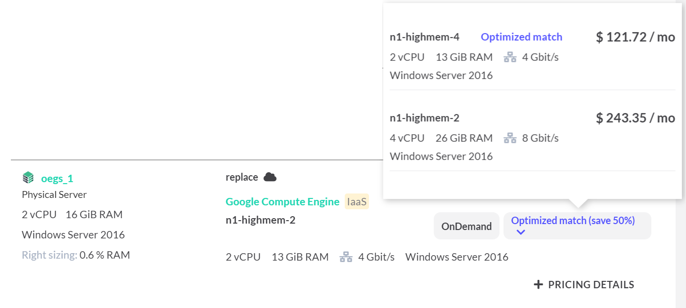 tool report showing cloud rightsizing option for cloud cost optimization