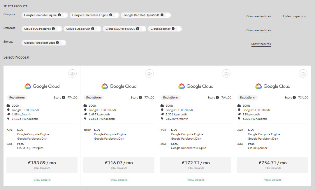 Screenshot with Overview of available proposals for an application target architecture