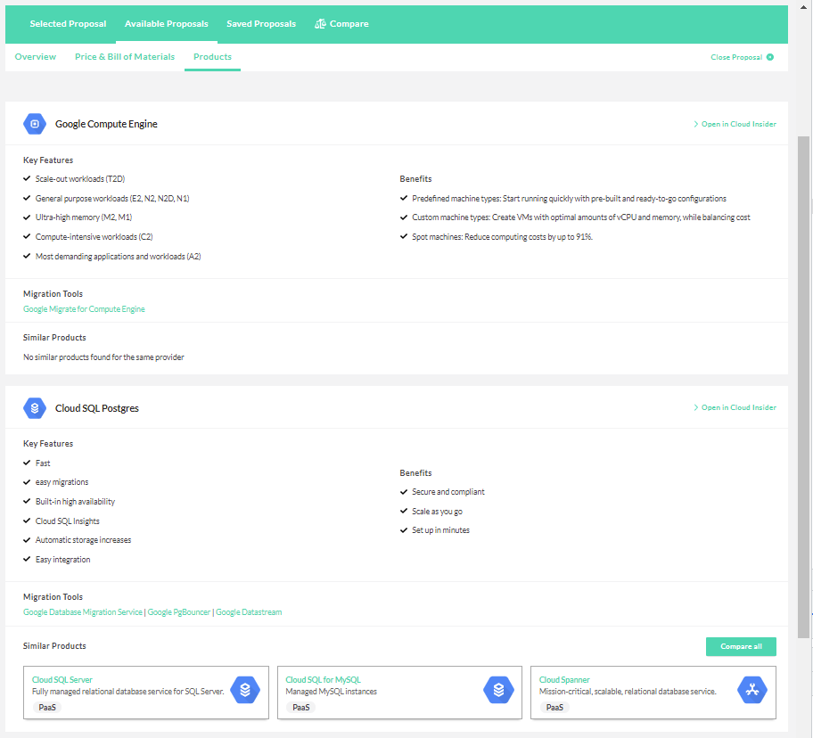 Screenshot of Products' tab of a cloud proposal