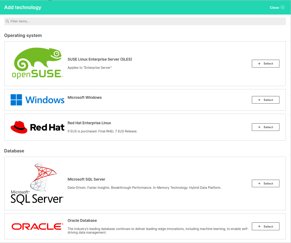 Screenshot of selectable technologies to express licensing preferences.